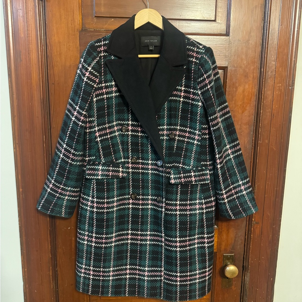 Ann Taylor Plaid Coat with Black Collar
